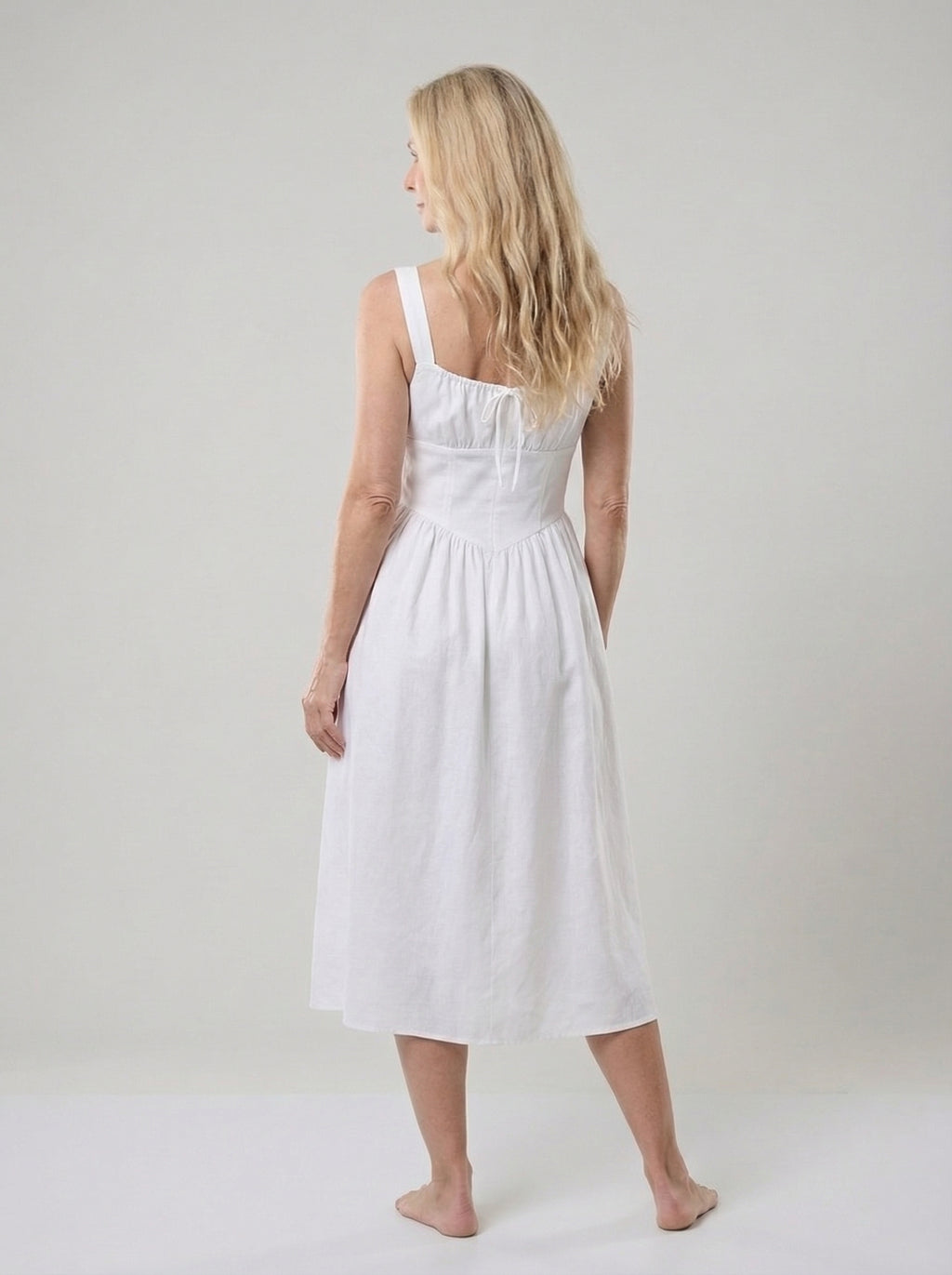 White Linen Midi Dress for Women - Square Neck Design, Casual Summer Wear