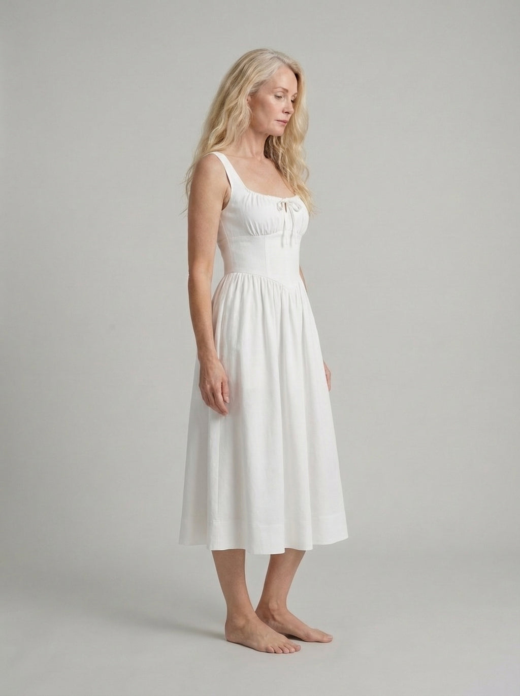 White Linen Midi Dress for Women - Square Neck Design, Casual Summer Wear