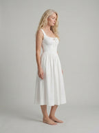 White Linen Midi Dress for Women - Square Neck Design, Casual Summer Wear