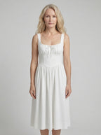 White Linen Midi Dress for Women - Square Neck Design, Casual Summer Wear