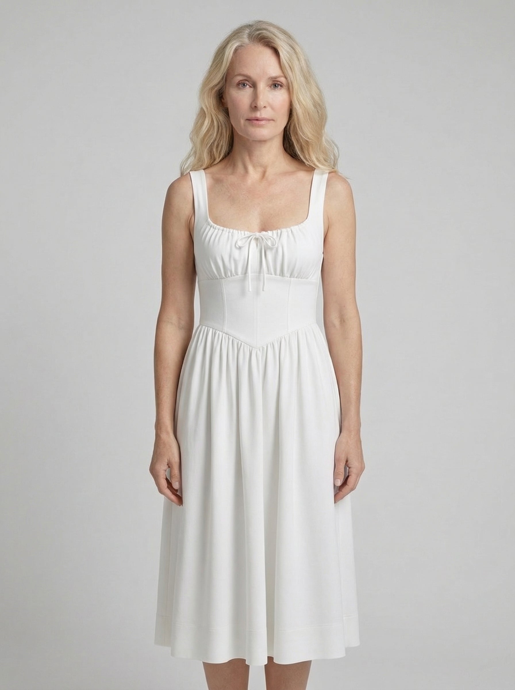 White Linen Midi Dress for Women - Square Neck Design, Casual Summer Wear