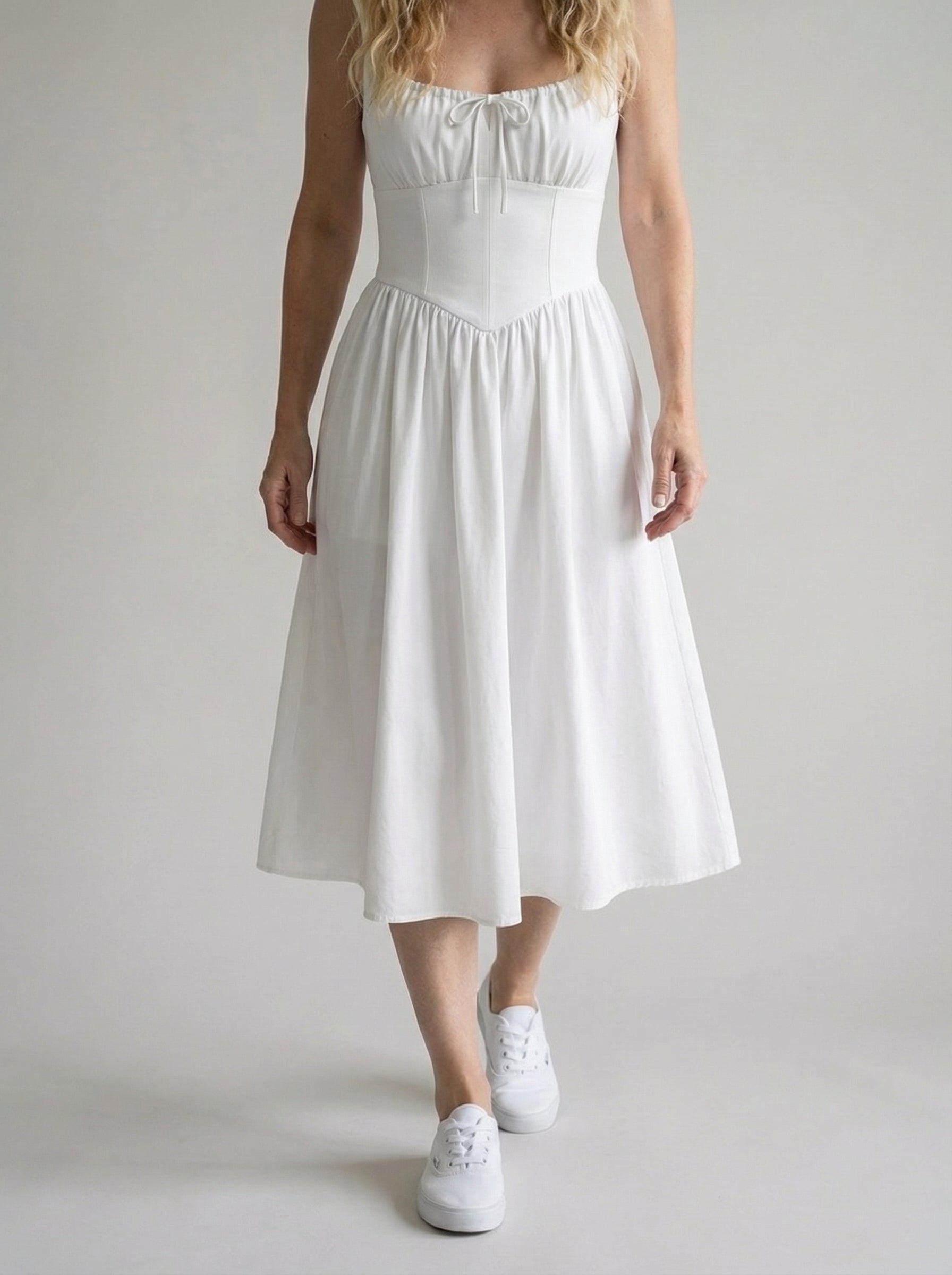 White Linen Midi Dress for Women - Square Neck Design, Casual Summer Wear