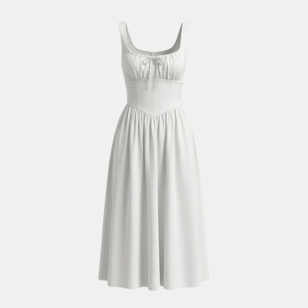 White Linen Midi Dress for Women - Square Neck Design, Casual Summer Wear