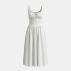 White Linen Midi Dress for Women - Square Neck Design, Casual Summer Wear