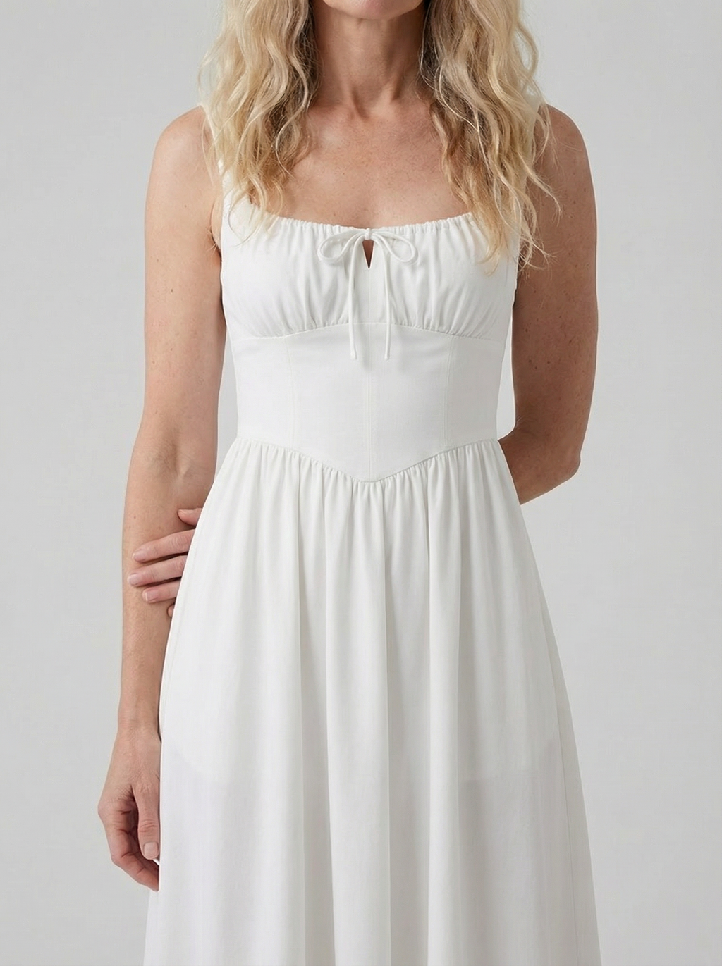 White Linen Midi Dress for Women - Square Neck Design, Casual Summer W Wolker Hade White Linen Midi Dress for Women - Square Neck Design, Casual Summer W Wolker Hade
