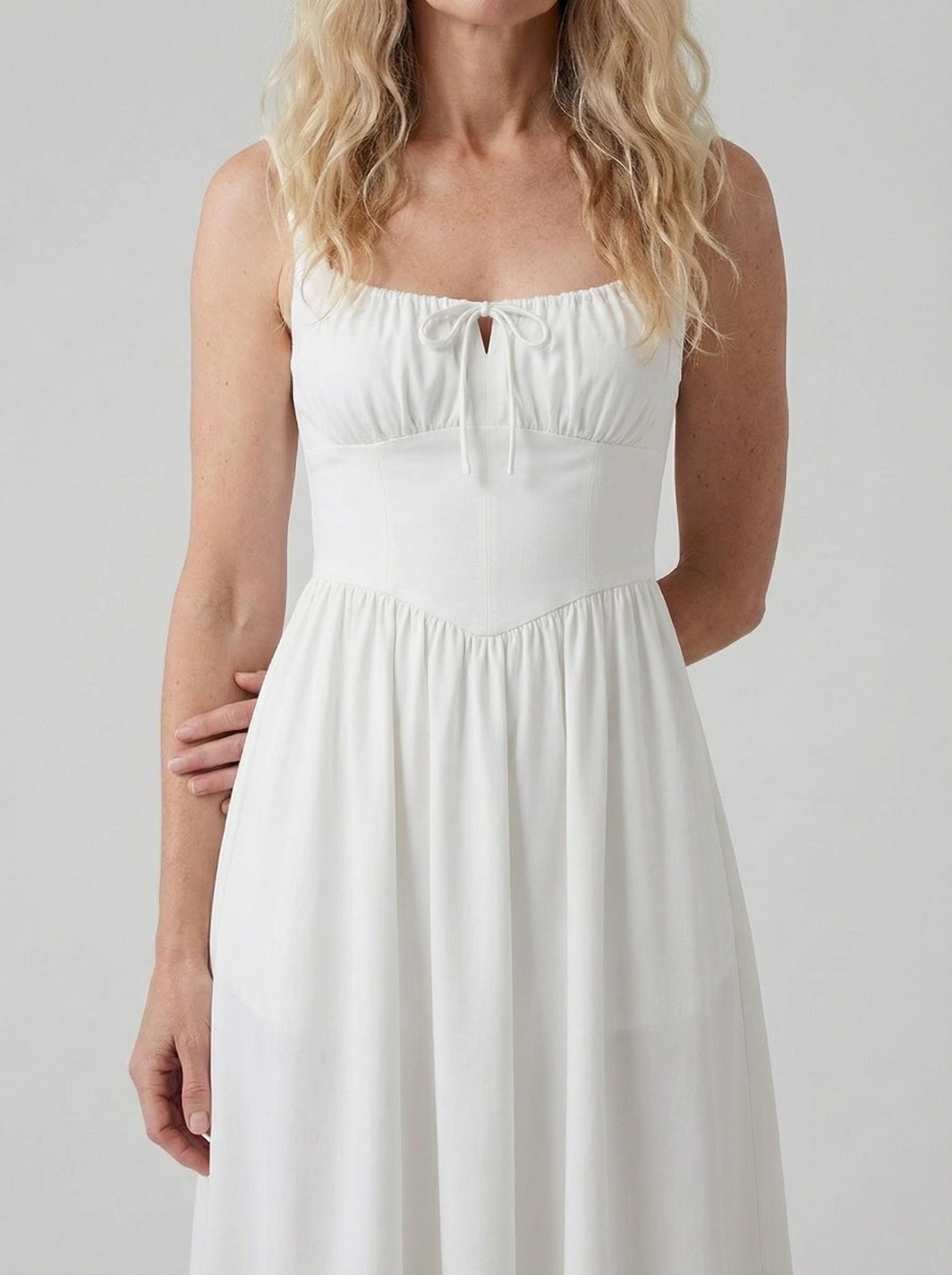 White Linen Midi Dress for Women - Square Neck Design, Casual Summer Wear