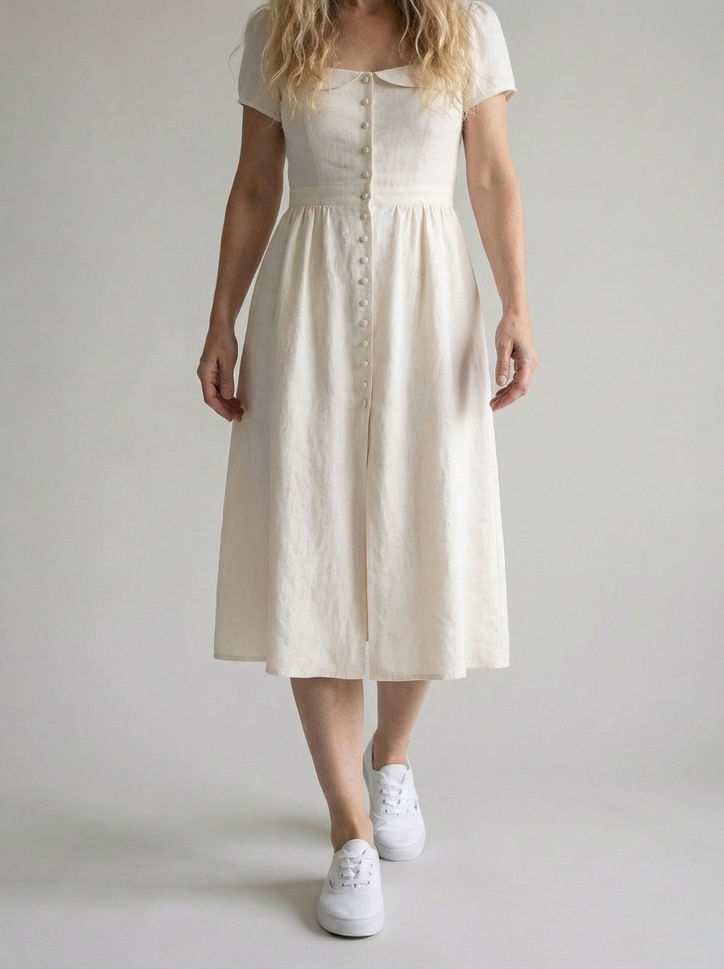 White Linen Midi Dress with Button Down Design for Summer Casual Wear