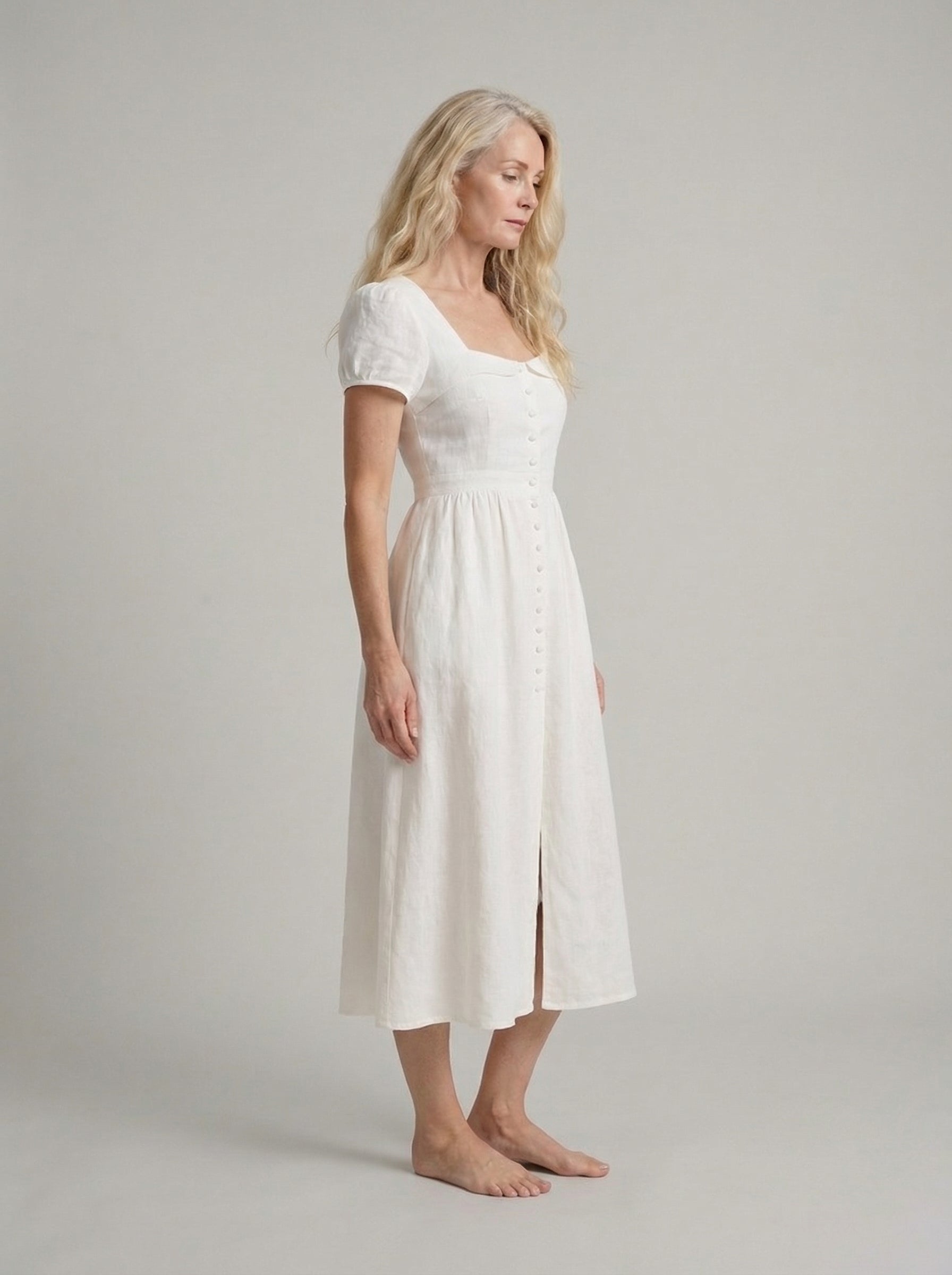 White Linen Midi Dress with Button Down Design for Summer Casual Wear