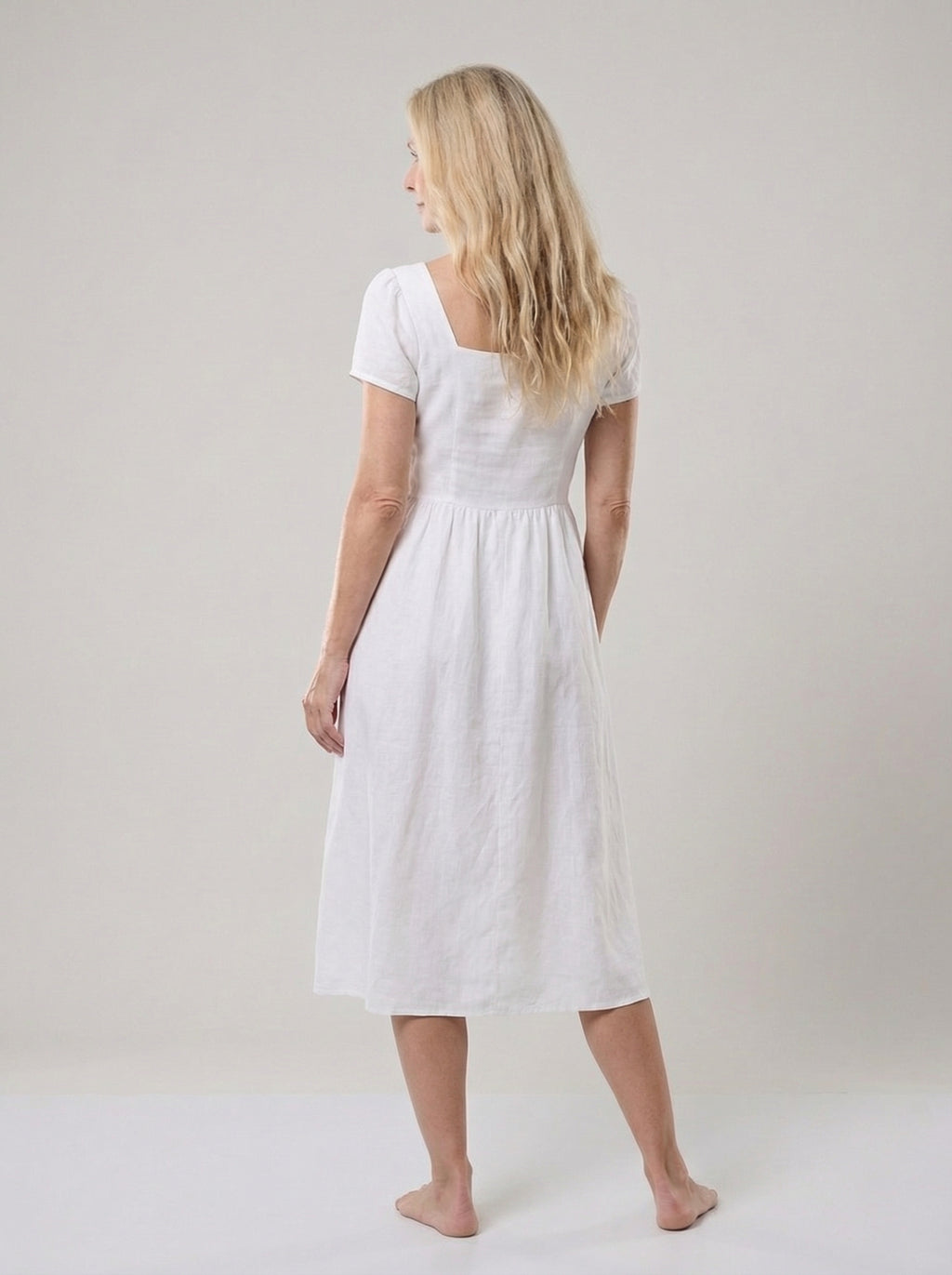 White Linen Midi Dress with Button Down Design for Summer Casual Wear