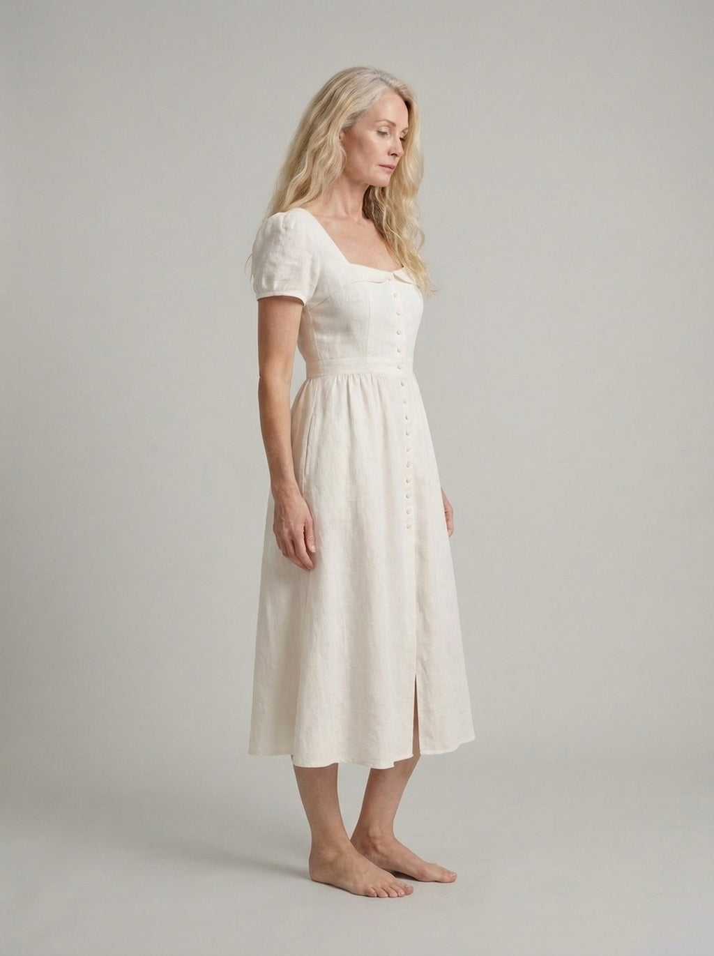 White Linen Midi Dress with Button Down Design for Summer Casual Wear