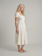 White Linen Midi Dress with Button Down Design for Summer Casual Wear