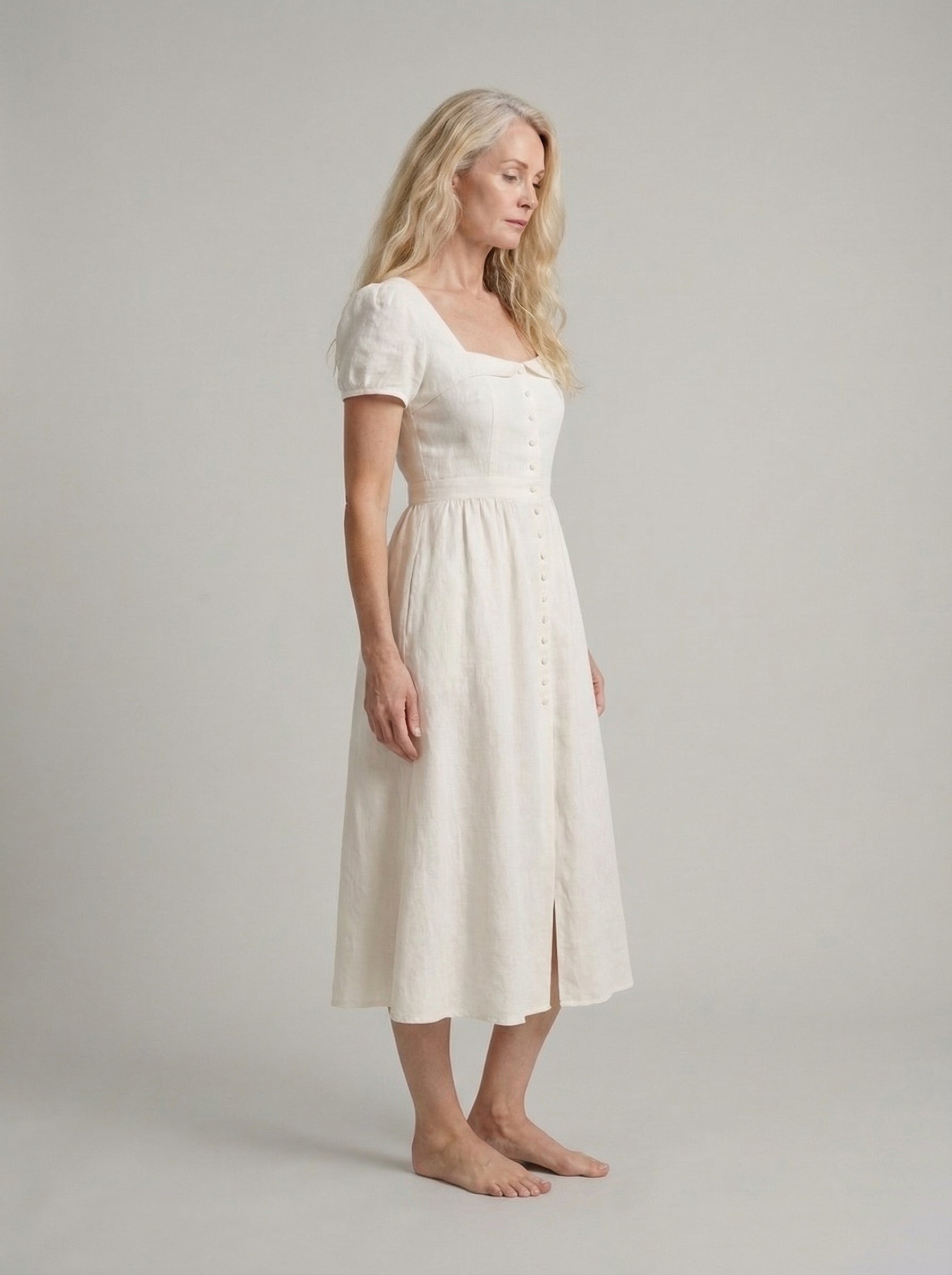 White Linen Midi Dress with Button Down Design for Summer Casual Wear