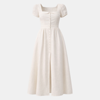 White Linen Midi Dress with Button Down Design for Summer Casual Wear