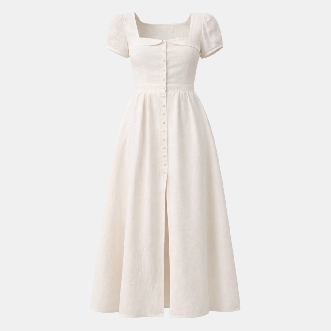 White Linen Midi Dress with Button Down Design for Summer Casual Wear