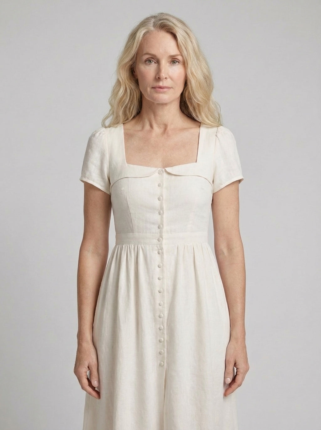 White Linen Midi Dress with Button Down Design for Summer Casual Wear