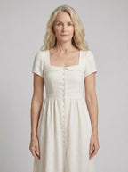 White Linen Midi Dress with Button Down Design for Summer Casual Wear
