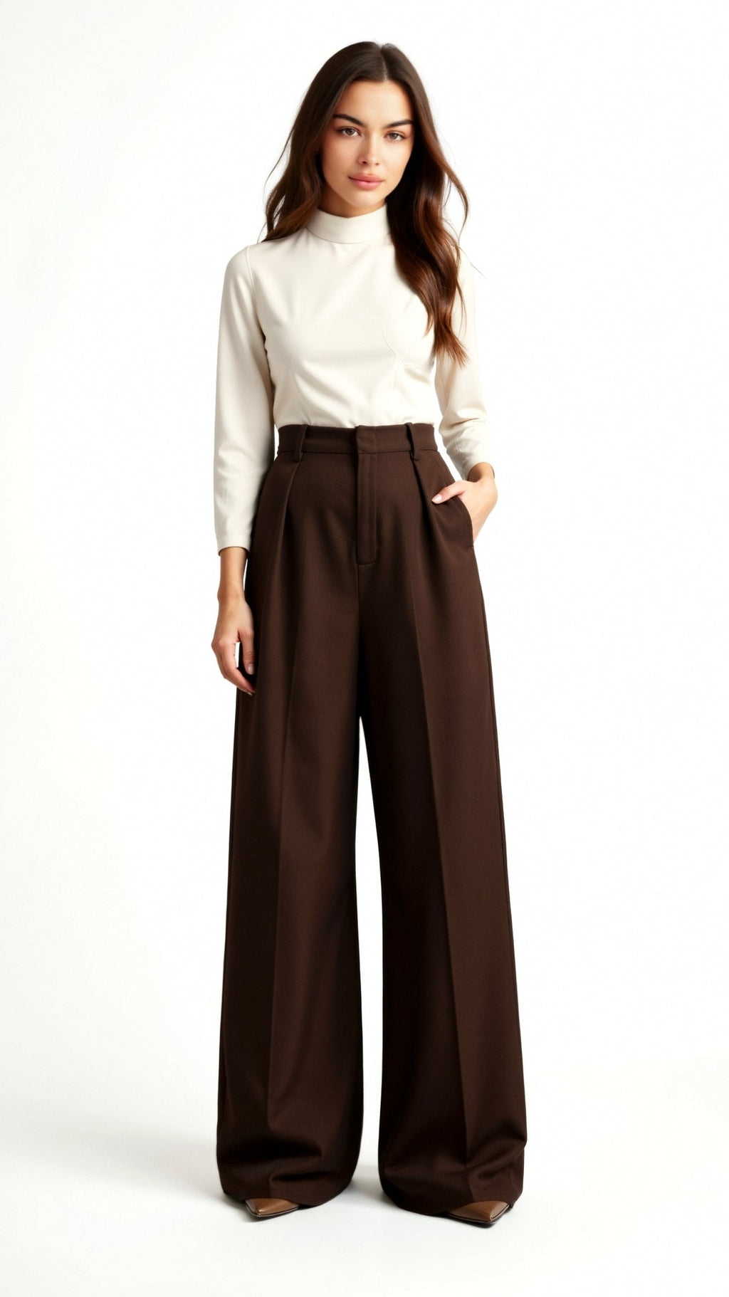 Wide-Leg High Waist Trousers for Women - Pleated Design with Side Pockets - Casual and Stylish Everyday Wear