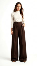 Wide-Leg High Waist Trousers for Women - Pleated Design with Side Pockets - Casual and Stylish Everyday Wear