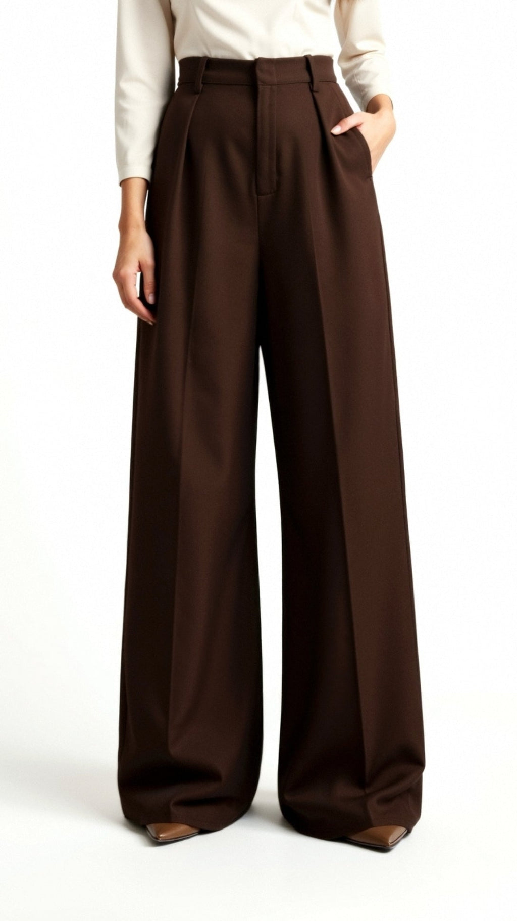 Wide-Leg High Waist Trousers for Women - Pleated Design with Side Pockets - Casual and Stylish Everyday Wear