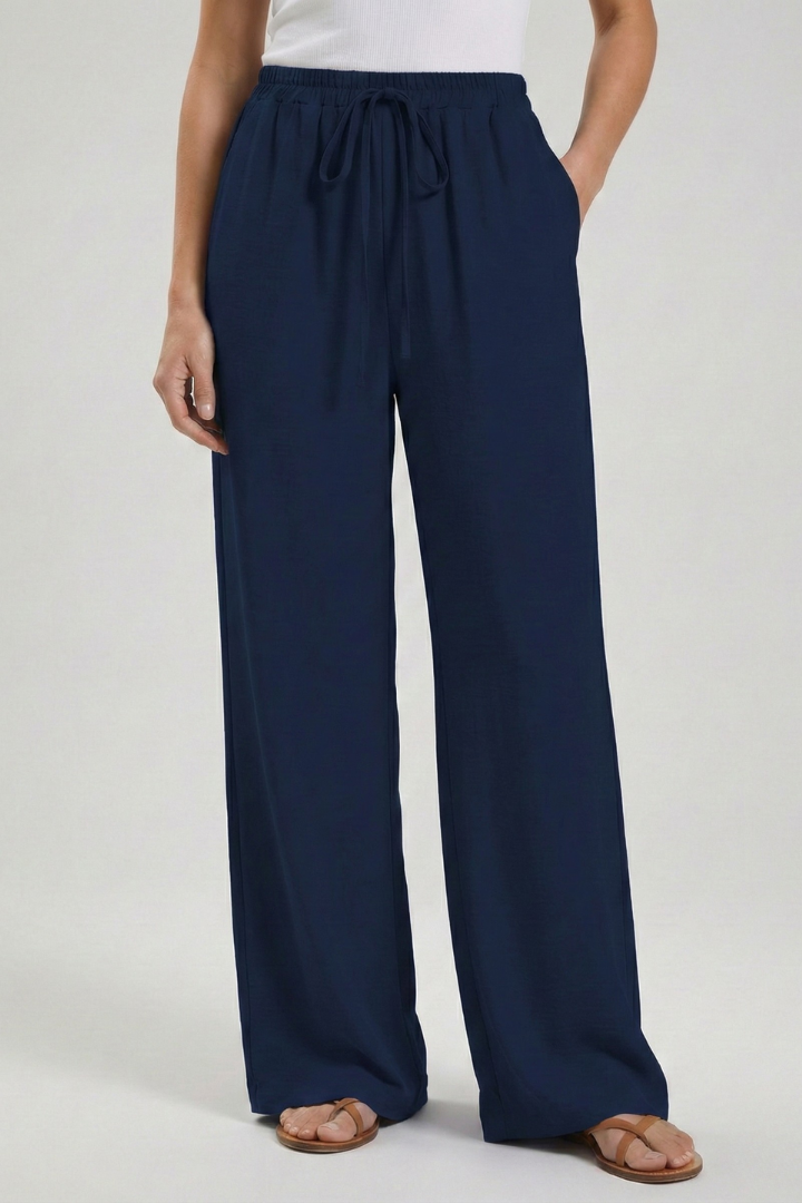 Palazzo Trousers with Drawstring Waist and Side Pockets – Casual, Office