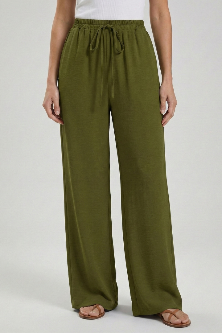 Palazzo Trousers with Drawstring Waist and Side Pockets – Casual, Office