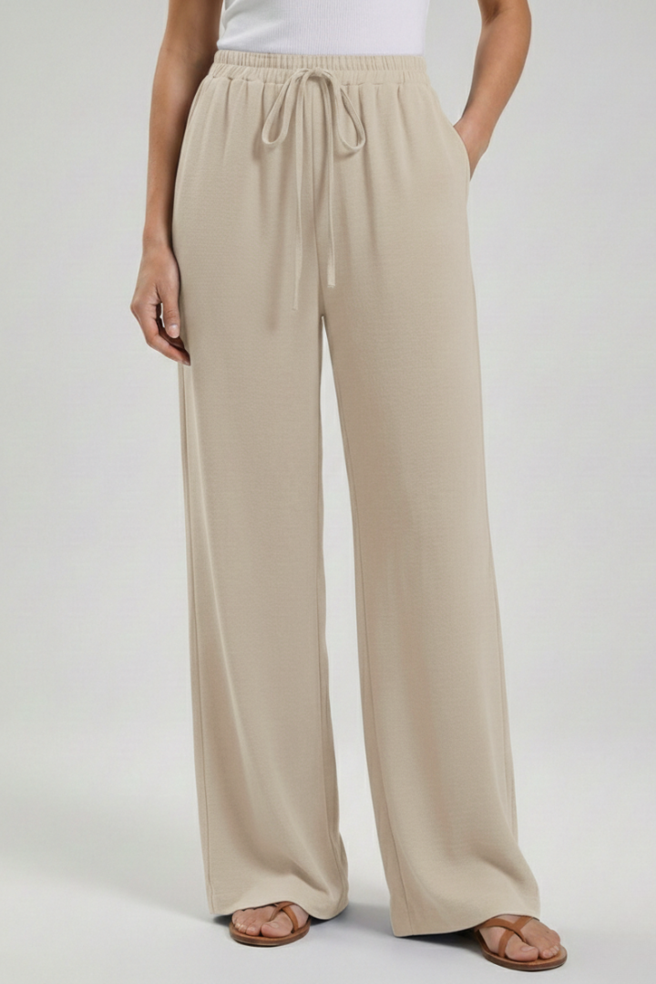 Palazzo Trousers with Drawstring Waist and Side Pockets – Casual, Office