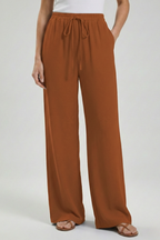 Palazzo Trousers with Drawstring Waist and Side Pockets – Casual, Office