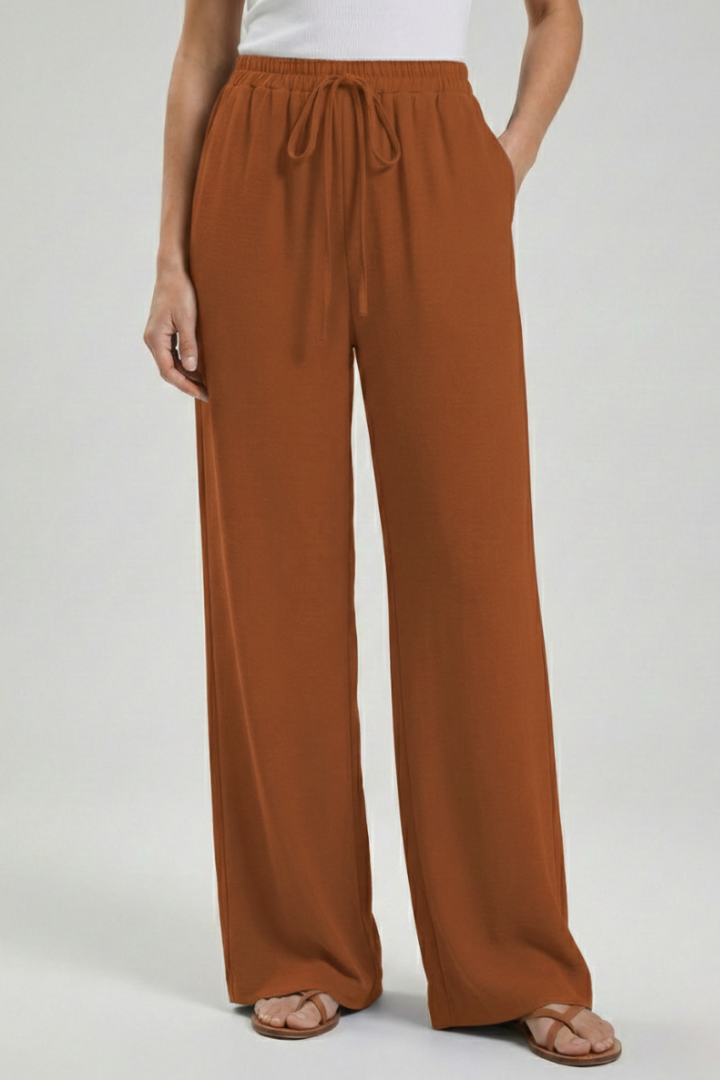 Palazzo Trousers with Drawstring Waist and Side Pockets – Casual, Office