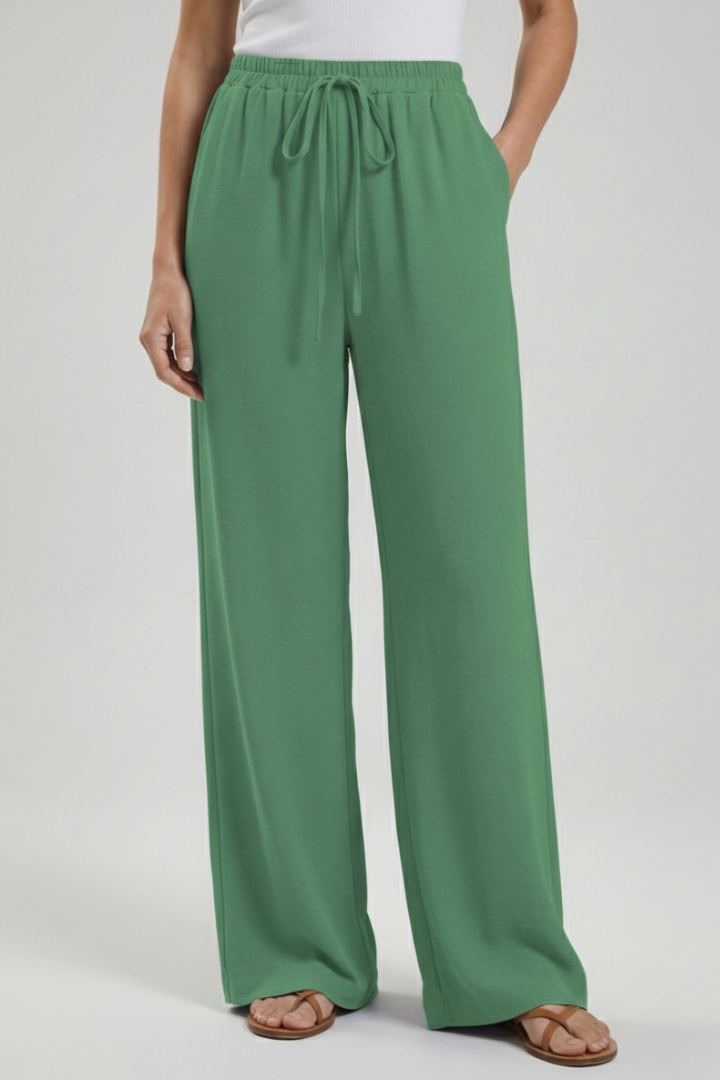 Palazzo Trousers with Drawstring Waist and Side Pockets – Casual, Office