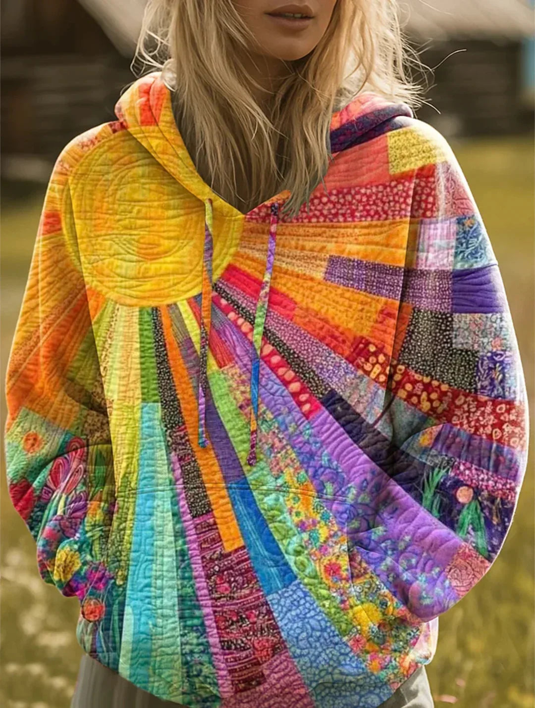 Women's Bohemian Multicolor Patchwork Hoodie – Casual, Everyday Wear
