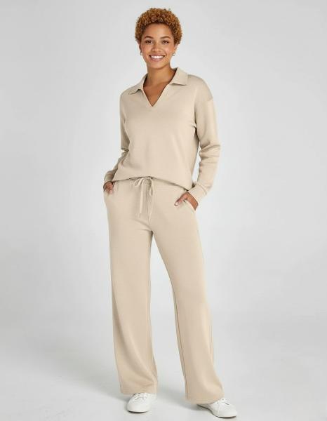 Women's Casual Two-Piece Set - Zip-Neck Top & Wide-Leg Trousers for Everyday Comfort and Style