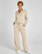 Women's Casual Two-Piece Set - Zip-Neck Top & Wide-Leg Trousers for Everyday Comfort and Style