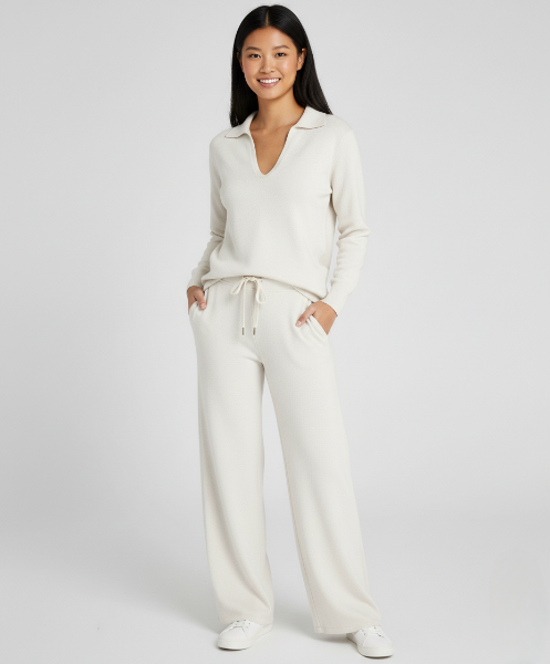 Women's Casual Two-Piece Set - Zip-Neck Top & Wide-Leg Trousers for Everyday Comfort and Style
