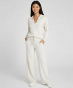 Women's Casual Two-Piece Set - Zip-Neck Top & Wide-Leg Trousers for Everyday Comfort and Style