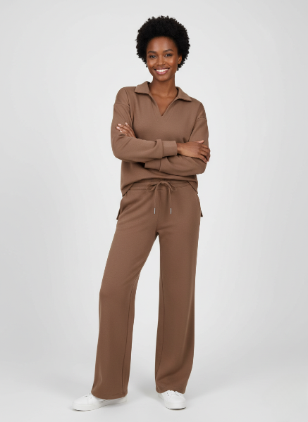 Women's Casual Two-Piece Set - Zip-Neck Top & Wide-Leg Trousers for Everyday Comfort and Style