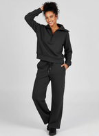 Women's Casual Two-Piece Set - Zip-Neck Top & Wide-Leg Trousers for Everyday Comfort and Style