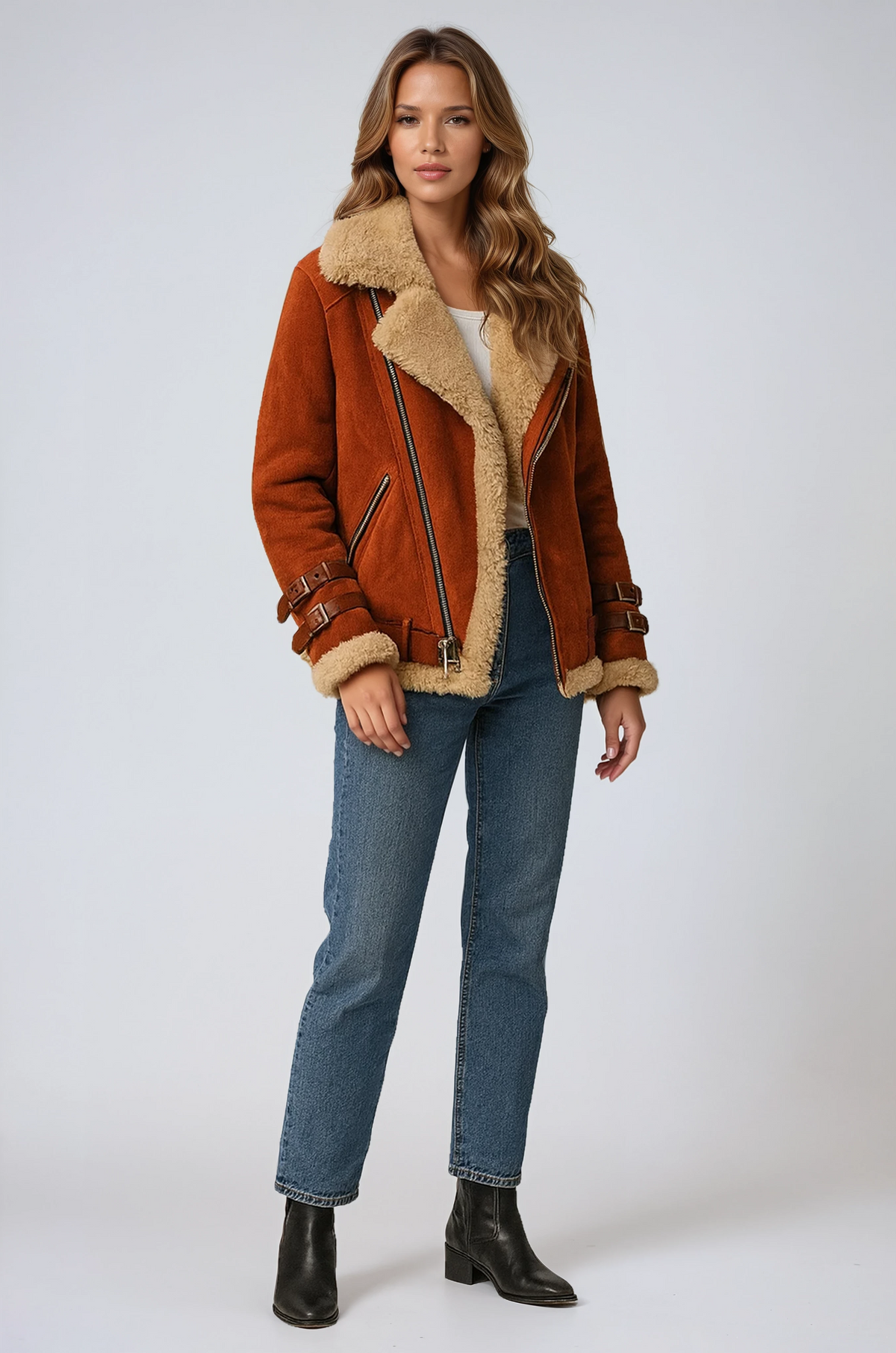 Women's Suede-Finish Pilot Bomber Jacket – Orange