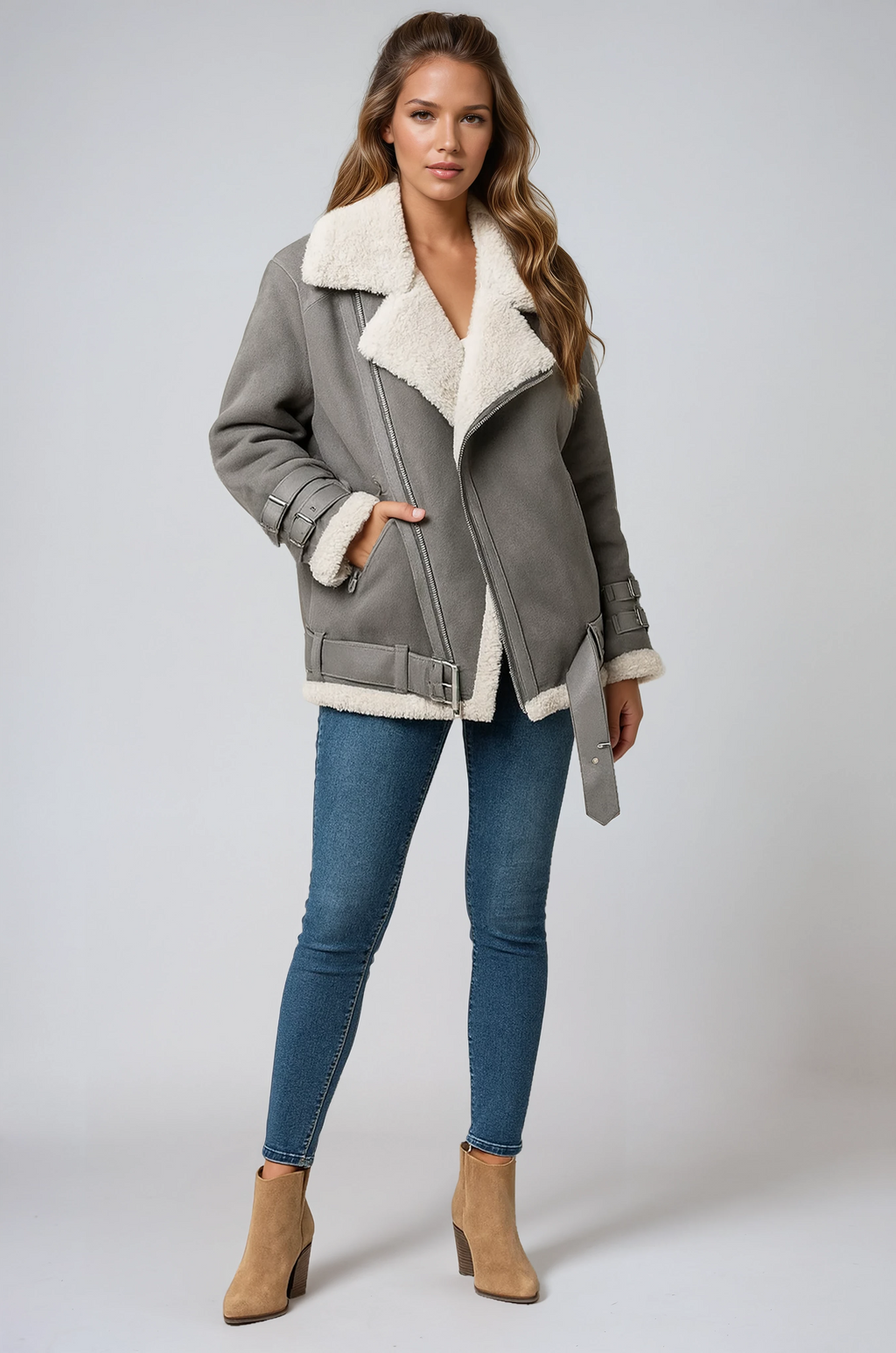 Women's Suede-Finish Pilot Bomber Jacket – Grey