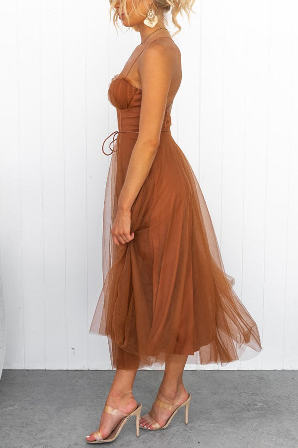 Women's Corset Midi Dress with Tulle Skirt for Formal Events and Special Occasions