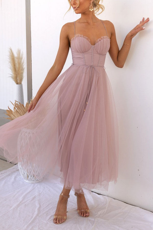 Women's Corset Midi Dress with Tulle Skirt for Formal Events and Special Occasions