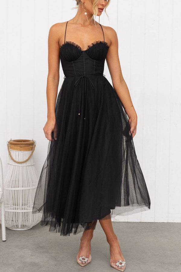 Women's Corset Midi Dress with Tulle Skirt for Formal Events and Special Occasions