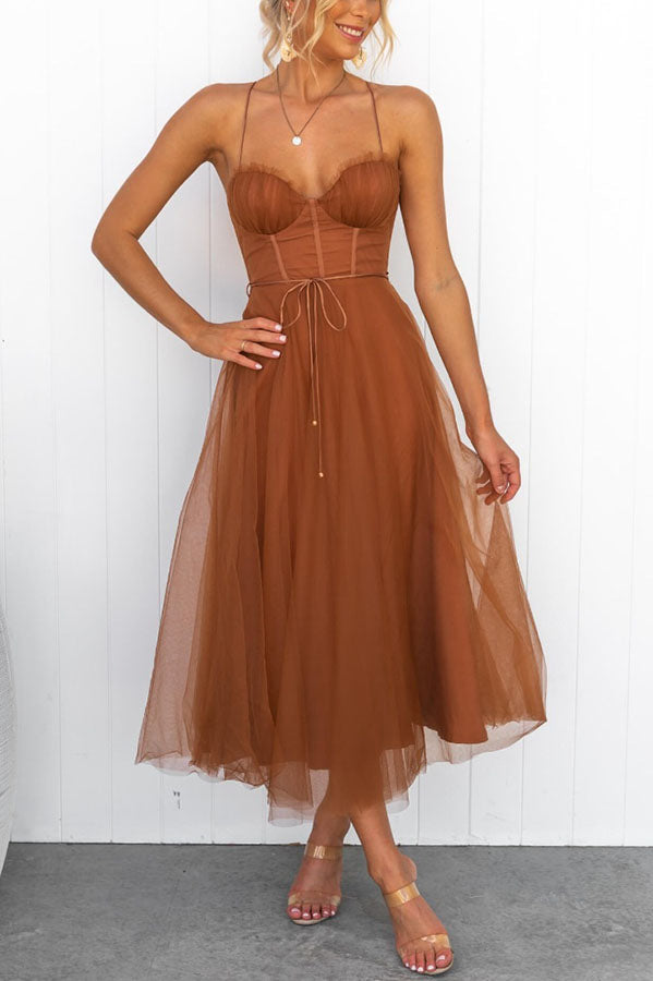Women's Corset Midi Dress with Tulle Skirt for Formal Events and Special Occasions
