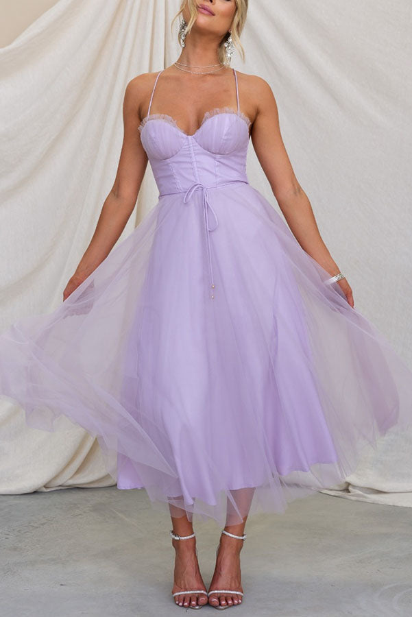 Women's Corset Midi Dress with Tulle Skirt for Formal Events and Special Occasions