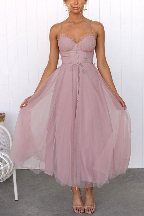 Women's Corset Midi Dress with Tulle Skirt for Formal Events and Special Occasions