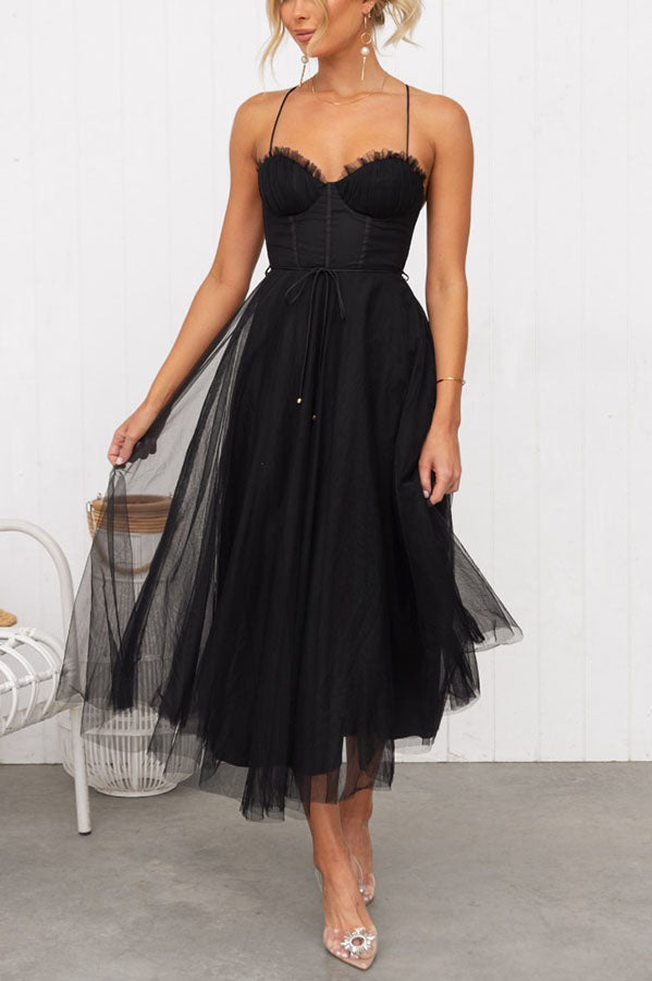 Women's Corset Midi Dress with Tulle Skirt for Formal Events and Special Occasions