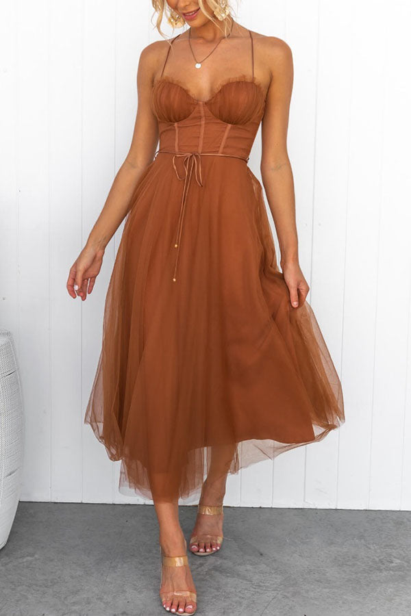 Women's Corset Midi Dress with Tulle Skirt for Formal Events and Special Occasions