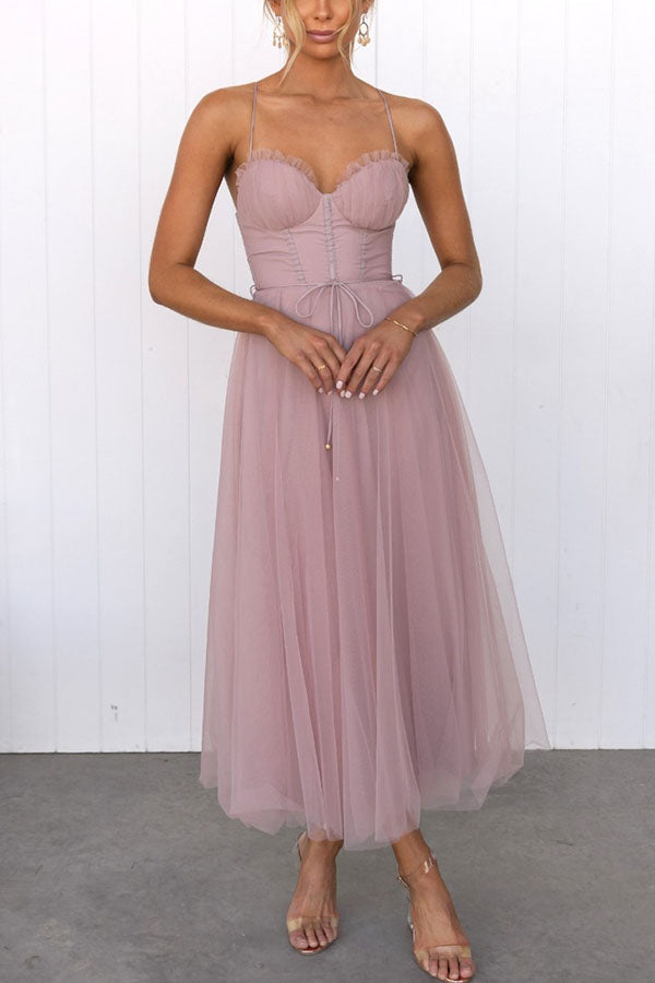 Women's Corset Midi Dress with Tulle Skirt for Formal Events and Special Occasions