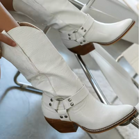 Women's Cow Print Western Cowboy Boots with Pointed Toe – White