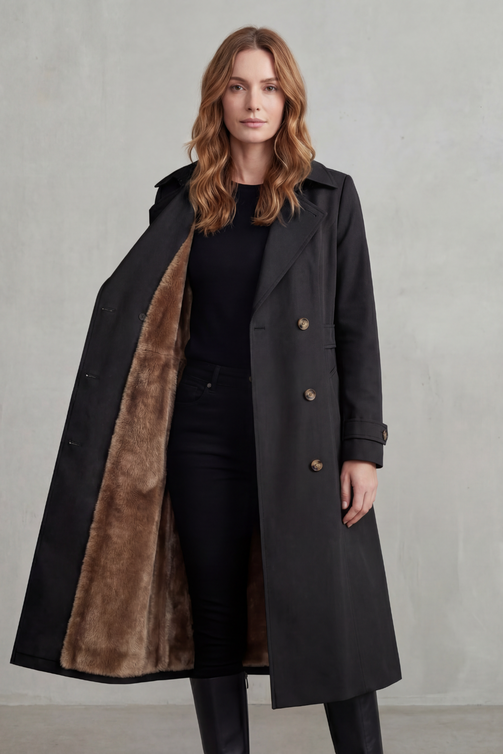 Women's Faux Fur Lined Double-Breasted Winter Coat