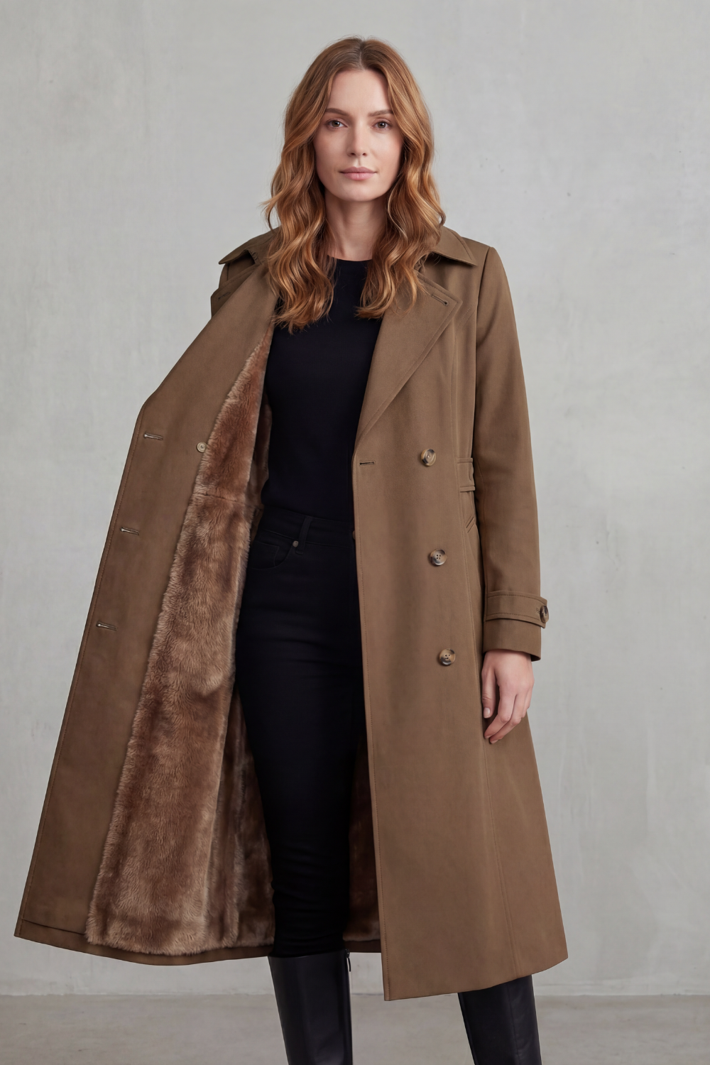Women's Double-Breasted Winter Coat with Faux Fur Lining – Casual, Warm